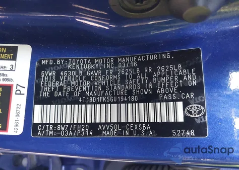 2016 Toyota Camry Hybrid Se z USA, uszkodzony, nr VIN 4T1BD1FK5GU194180